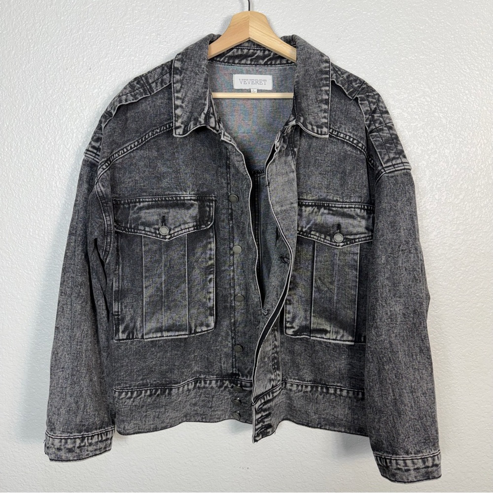 Veveret Size Large Womens Grunge Oversized Grey Stone Washed Denim Jacket
